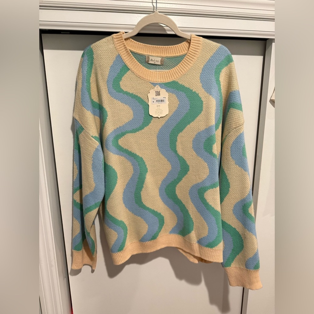 NWT Altar’d State Oversized Blue Green Ivory Wave Sweater Medium Brand New